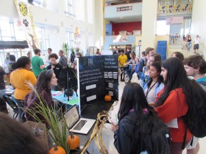 Students looking at poster during Harvestfest. 