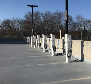 A row of electric vehicle charging stations at UMBC