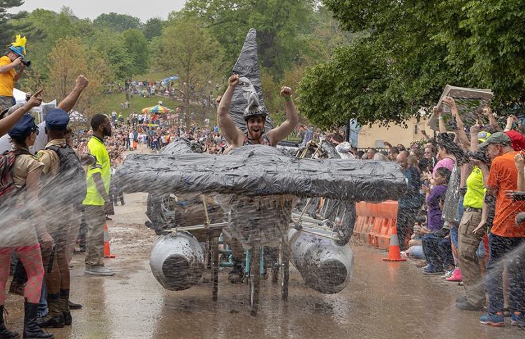 The kinetic sculpture "MC Hammerhead" survives the mud pit at the 2019 Baltimore Kinetic Sculpture Race