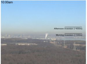 Air pollution hangs over downtown Baltimore in this photo from early January 2016.22A winter weather condition, known as an inversion, can trap pollution from cars, industrial activity and other combustion sources close to the ground. The markings on the image show how the pollution lifted during the day as the air warmed up. Credit: Maryland Department of the Environment