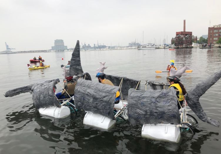 MC Hammerhead in the Baltimore Harbor at the 2019 Baltimore Kinetic Sculpture Race